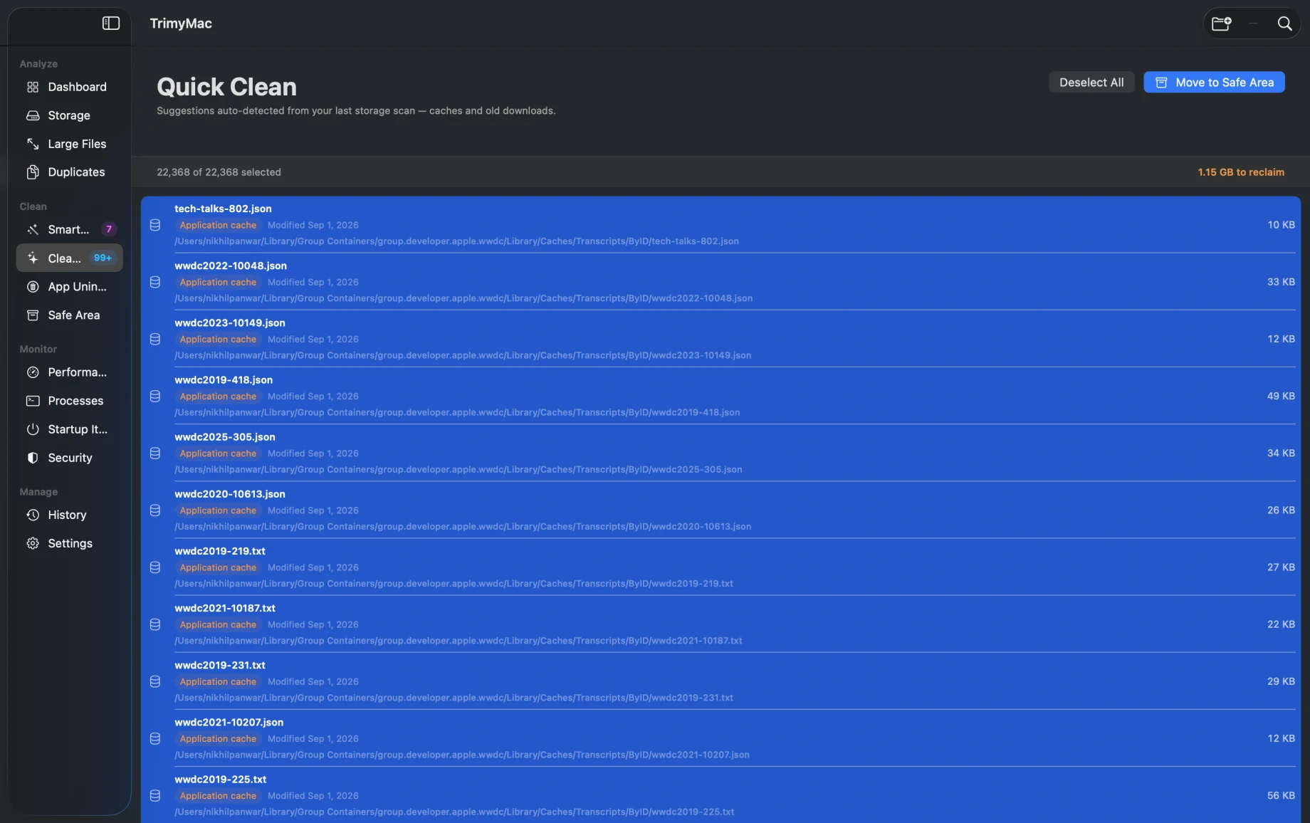 TrimyMac Cleaner — 31,368 items selected, 1.12 GB to reclaim