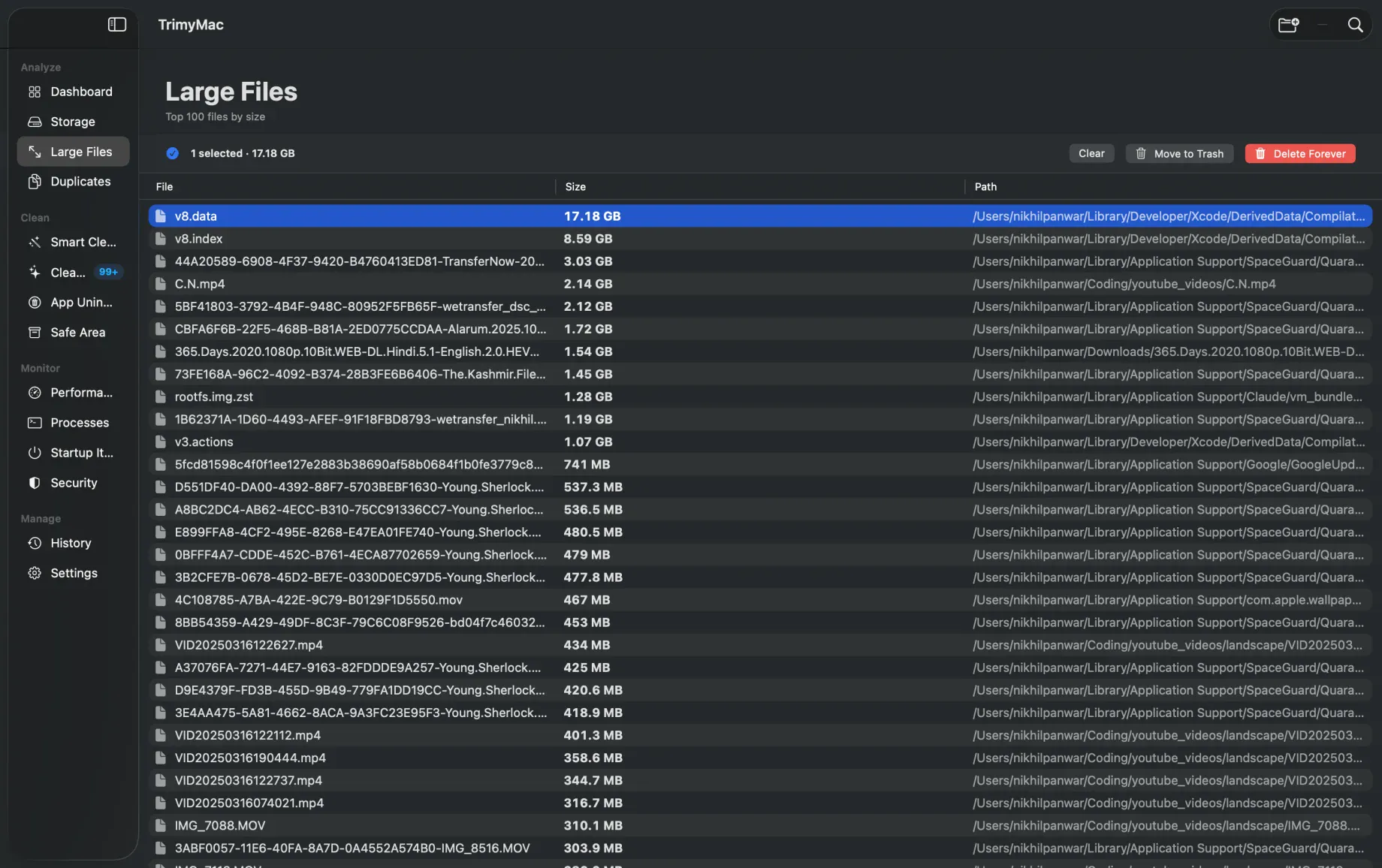 TrimyMac Large Files — v8.data 17.18 GB at top of sorted list