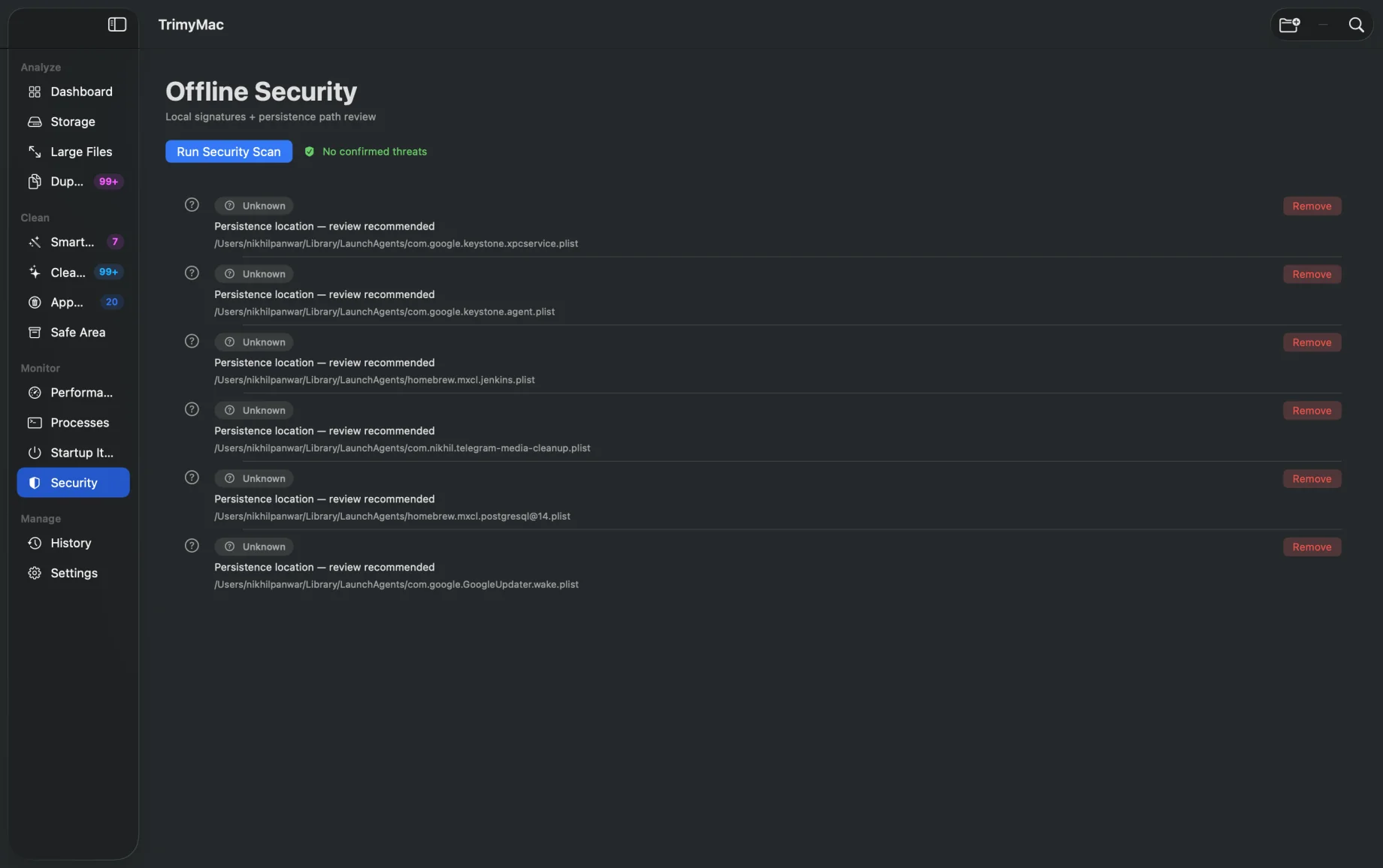 TrimyMac security scan showing startup items for review